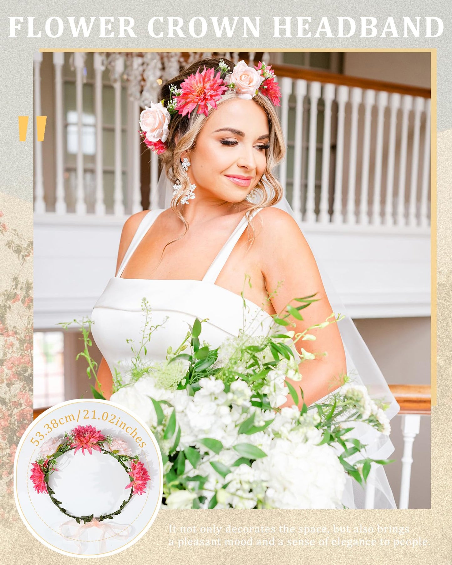 CHLINS Flower Crown Bridal Flower Headbands for Women Bohemian Floral Crown with Ribbon Hair Wreath Floral Headpiece for Wedding Birthday Party Fairy Crown (Champagne + Orange)