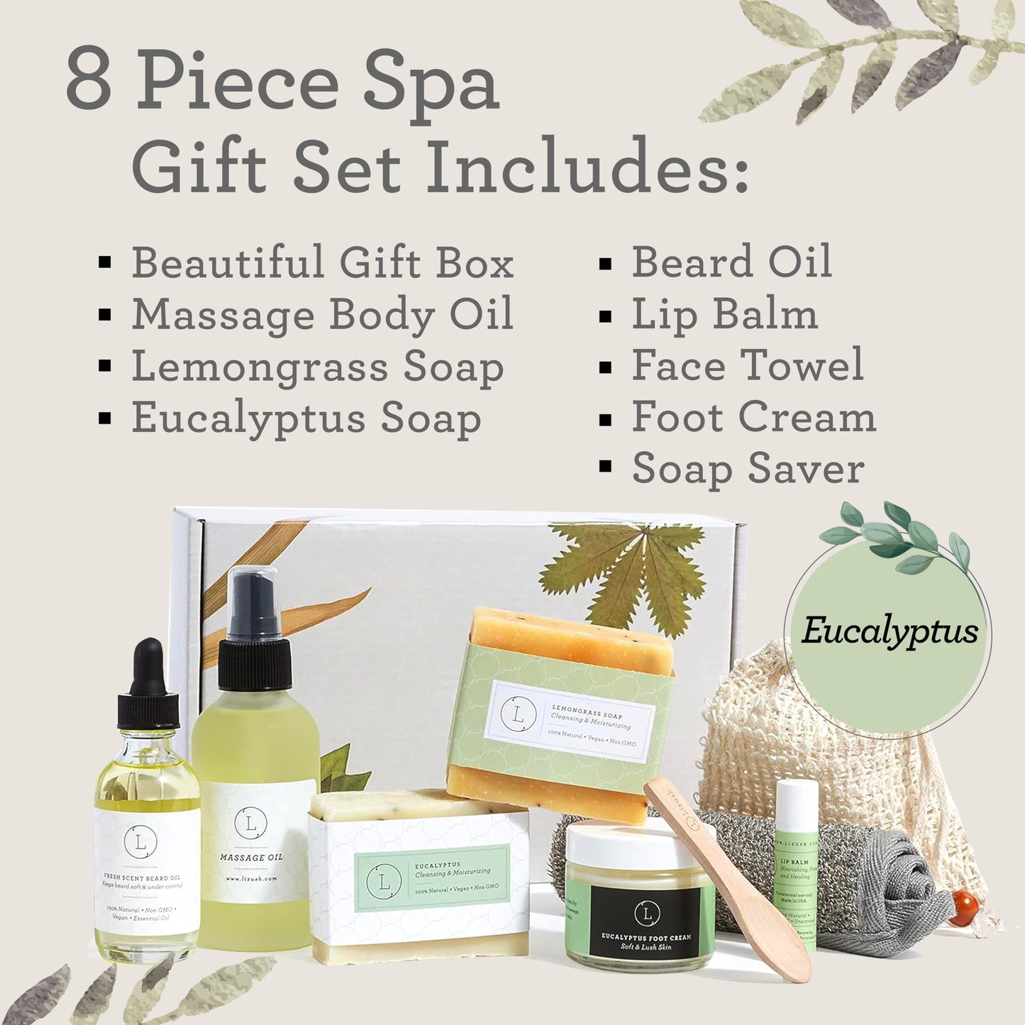 Men's Spa Gift Set, Natural Handmade Gift for Him - Eucalyptus Scent Bath & Body Skincare Package - 8 pcs, Massage Oil, Beard oil, 2 Soaps, Foot cream,Soap Saver, Lip Balm, Towel