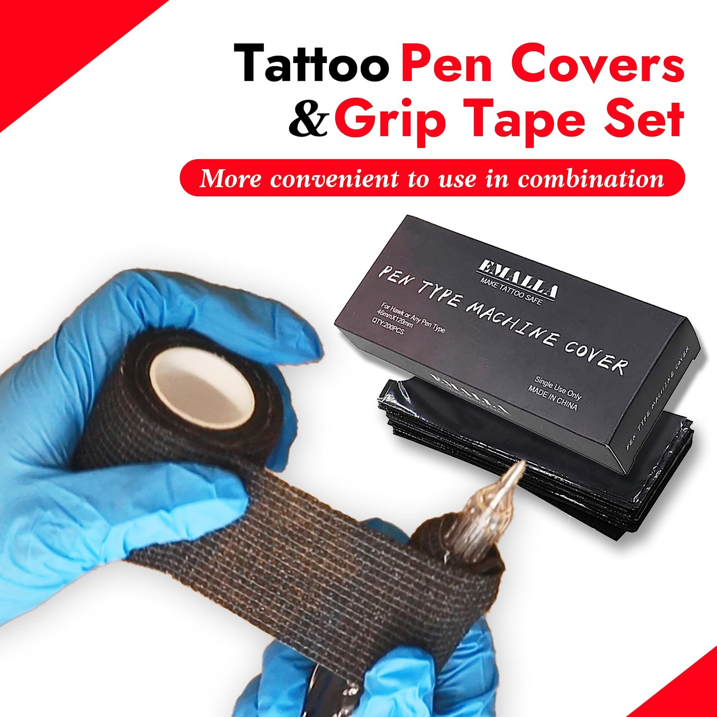 Sotica 200PCS Pen Covers with 6PCS Grip Tape Machine Wrap Cover Black Pen Bags Pen Sleeves Machine Sleeves with Black Grip Wrap Self-Adherent Tape Plastic Covers