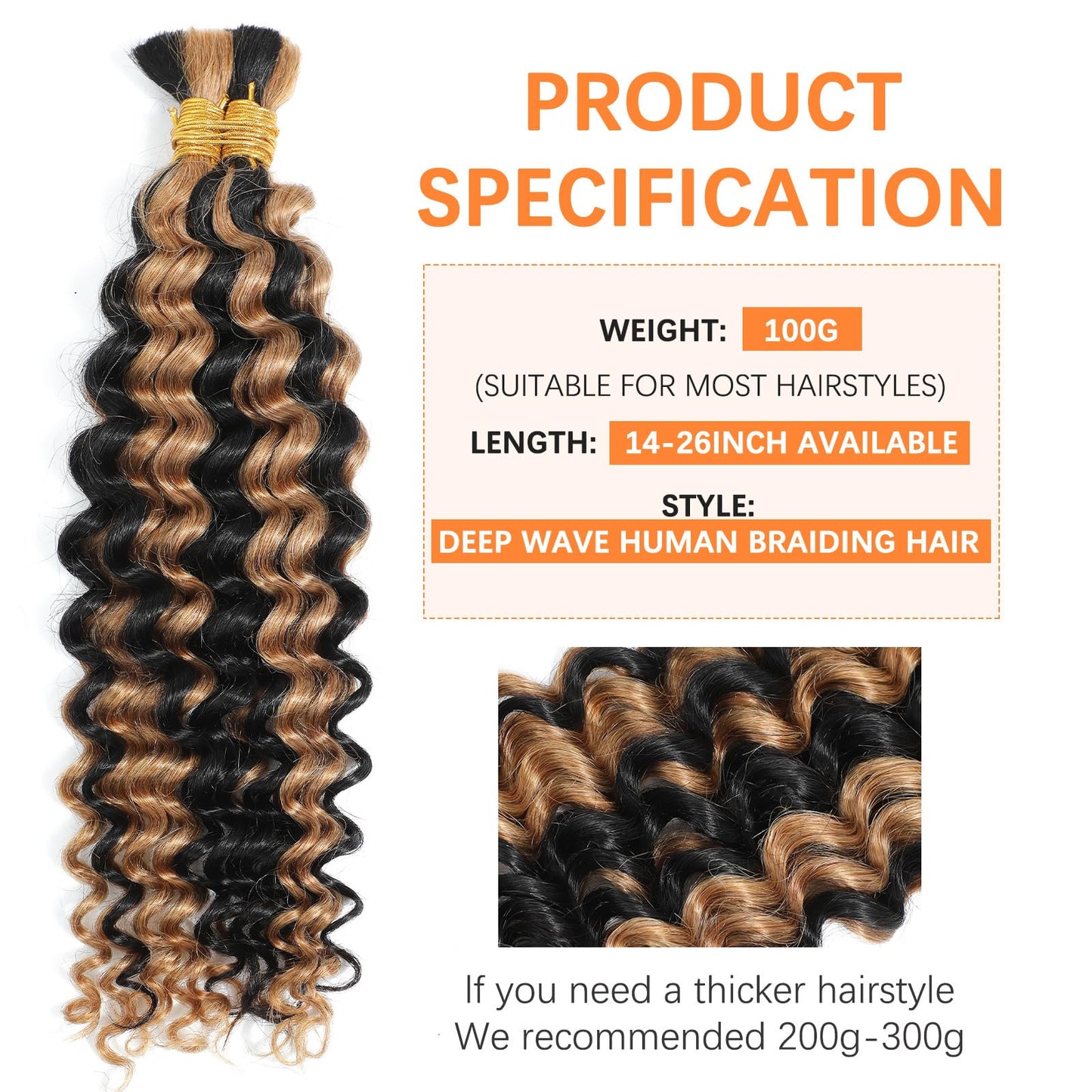 Human Braiding Hair Bulk Human Hair for Braiding No Weft Curly Braiding Hair 2 Bundle 100G Deep Wave Human Braiding Hair for Boho Braids Blonde Highlight Human Hair Braiding Hair,24inch P1b/27#