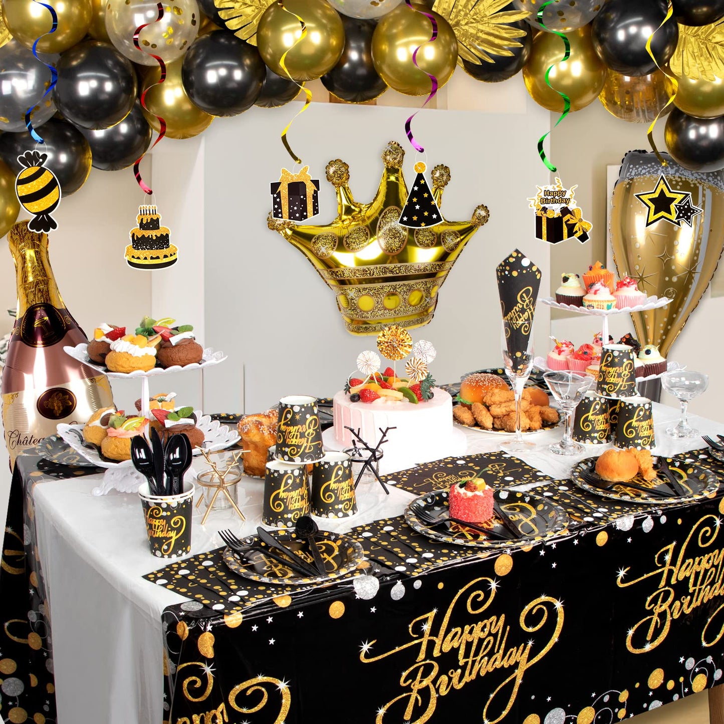 HJINGY Black and Gold Birthday Party Decorations, Happy Birthday Party Supplies for Men Women Includes Balloons, Curtains, Banner, Hanging Swirls, Tablecloth, Plates, Cake Toppers for Party
