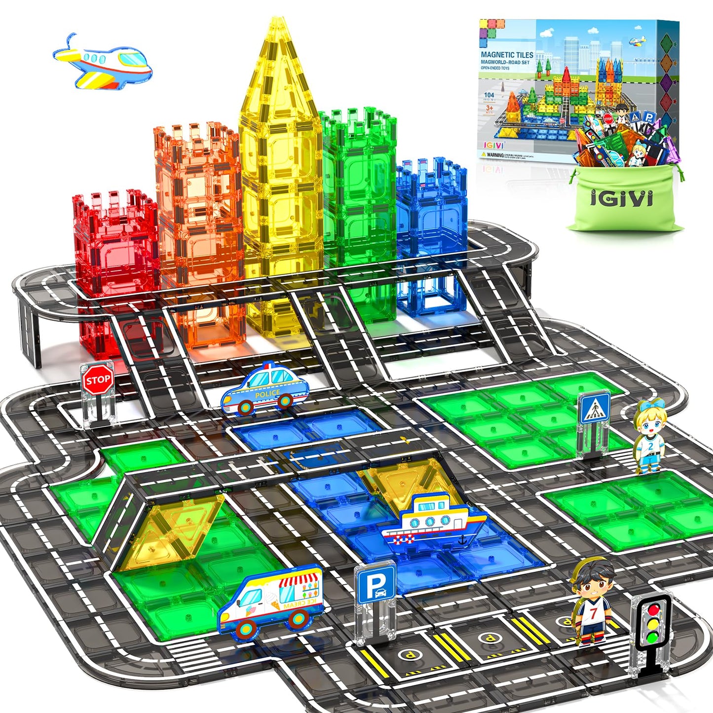104 PCS Magnetic Tiles Road Set, STEM Magnet Building Blocks for Kids Toddler Toys Games, Christmas Birthday Gifts for 3+ Year Old Boys Girls, Car Enthusiasts and Classroom Must Haves