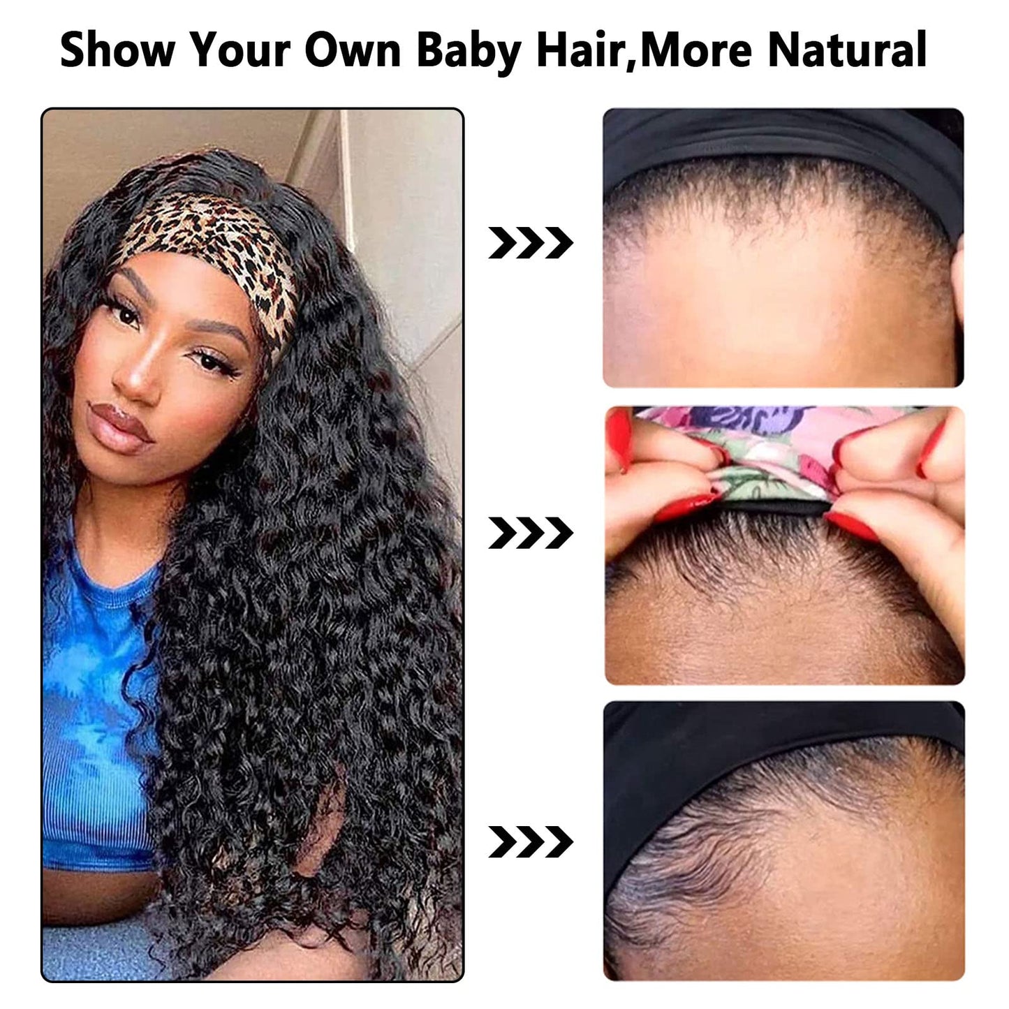 G&T Headband Wig Human Hair 24 inch Curly Headband Wigs for Black Women 180% Density Glueless Wear and Go Wig 100% Brazilian Human Hair Curly Wave Headband Wigs Natural Color