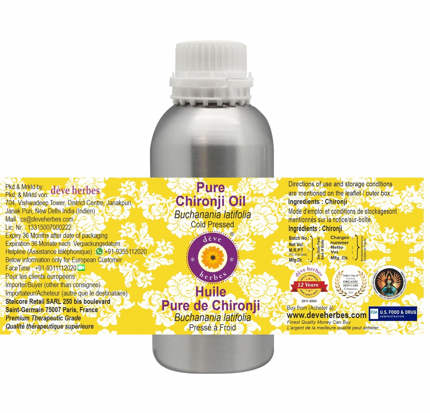 Deve Herbes Pure Chironji Oil (Buchanania latifolia) 100% Natural Therapeutic Grade Cold Pressed 1250ml (42.2 oz)
