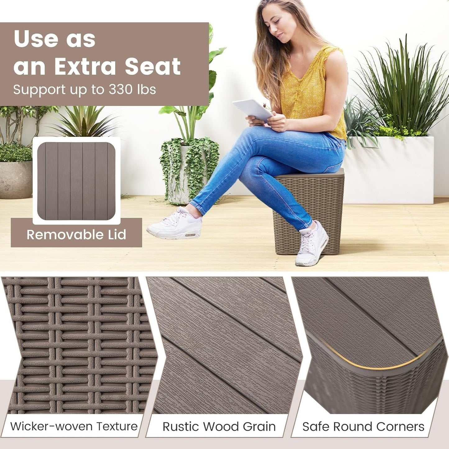 zzppy 11.5 Gallon Deck Box, Outdoor Side Table with Removable Lid, Faux Wicker-Woven, 330Lbs Capacity, Outside Waterproof Storage Box, Resin Rattan Small Coffee Table for Patio Poolside (Brown)