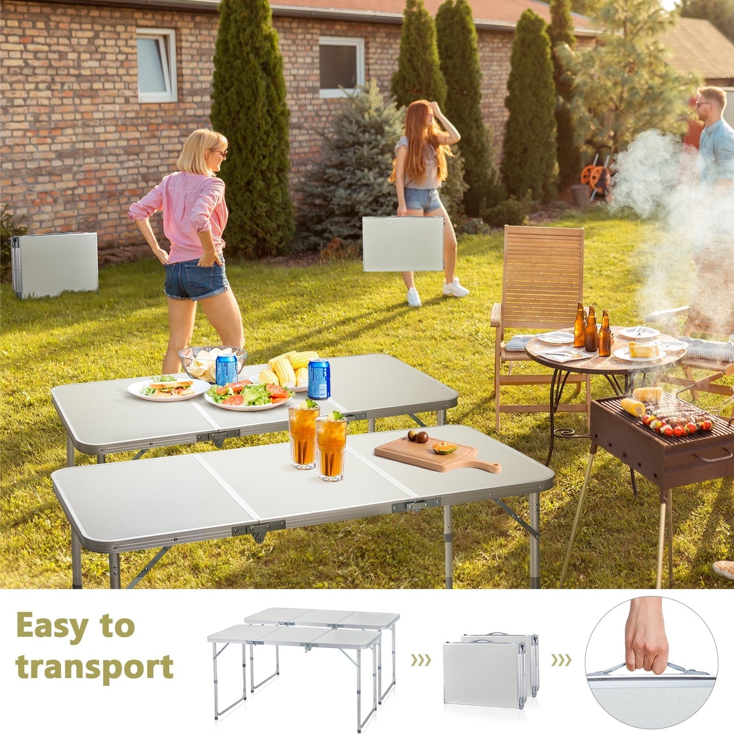 4ft Camping Folding Table, Portable Picnic Table with Adjustable Height, 3 Fold Lightweight Outdoor Aluminum Table for Indoor Travel Beach and Party