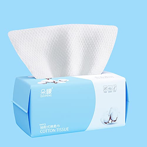 Cotton Facial Dry Wipes 100 Count, Deeply Cleansing Disposable Face Towel Wash Cloth, Multi-Purpose for Skin Care, Make-up Wipes, Face Wipes and Facial Cleansing (2 Pack)