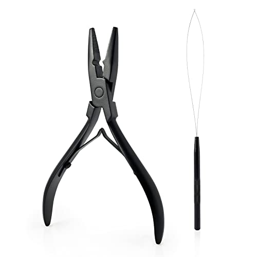 Gomake Hair Extensions Closed and Remover Pliers set, Micro Silicone Rings Beads Hair Extensions Loop Needle Threader Pulling Hook Tool and Bead Device Tool for Hair or Feather Extensions (Gold)