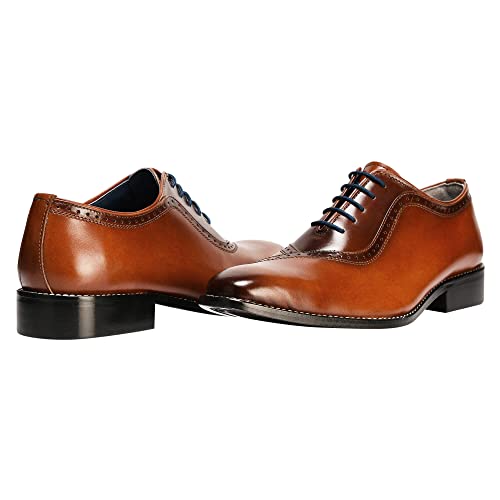 LIBERTYZENO Mens Lace Up Oxford Dress Shoes Stiched Welt Burnished Toe Tan Genuine Leather Shoes 9.5 US