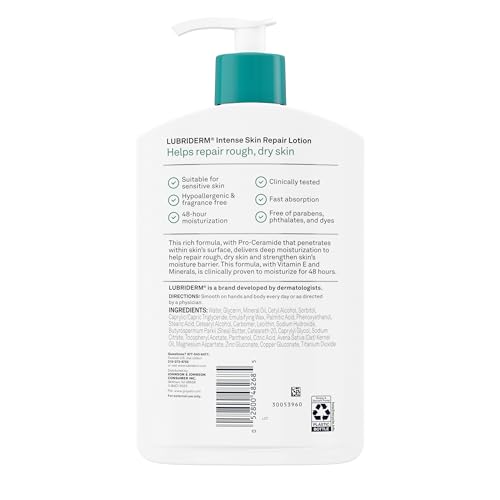 Lubriderm Intense Dry Skin Repair Lotion + Pro-Ceramide with Vitamin E & Minerals Helps to Repair Rough, Dry Skin, Fast Absorbing Lotion is Fragrance-Free and Non-Greasy, 16 fl. oz