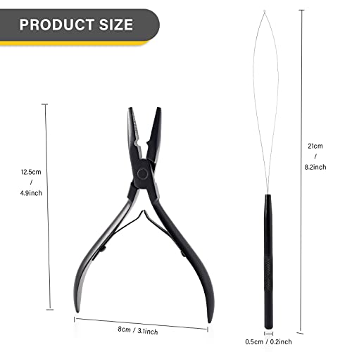 Gomake Hair Extensions Closed and Remover Pliers set, Micro Silicone Rings Beads Hair Extensions Loop Needle Threader Pulling Hook Tool and Bead Device Tool for Hair or Feather Extensions (Gold)