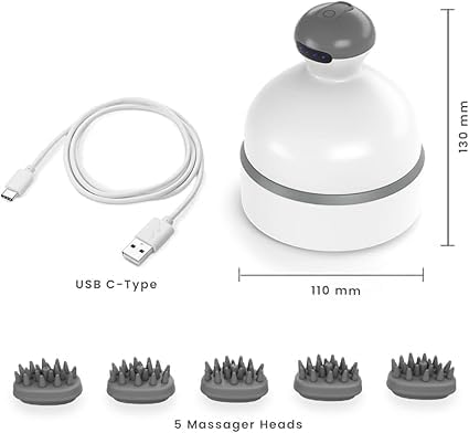 Electric Scalp Massager Hair Growth w/ 4 Massage Modes & Oil Compartment - Head Massager Scalp Stress Relax, Scalp Health - Removable Silicone Heads, Rechargeable, Pain Relief for Dry & Itchy Scalp