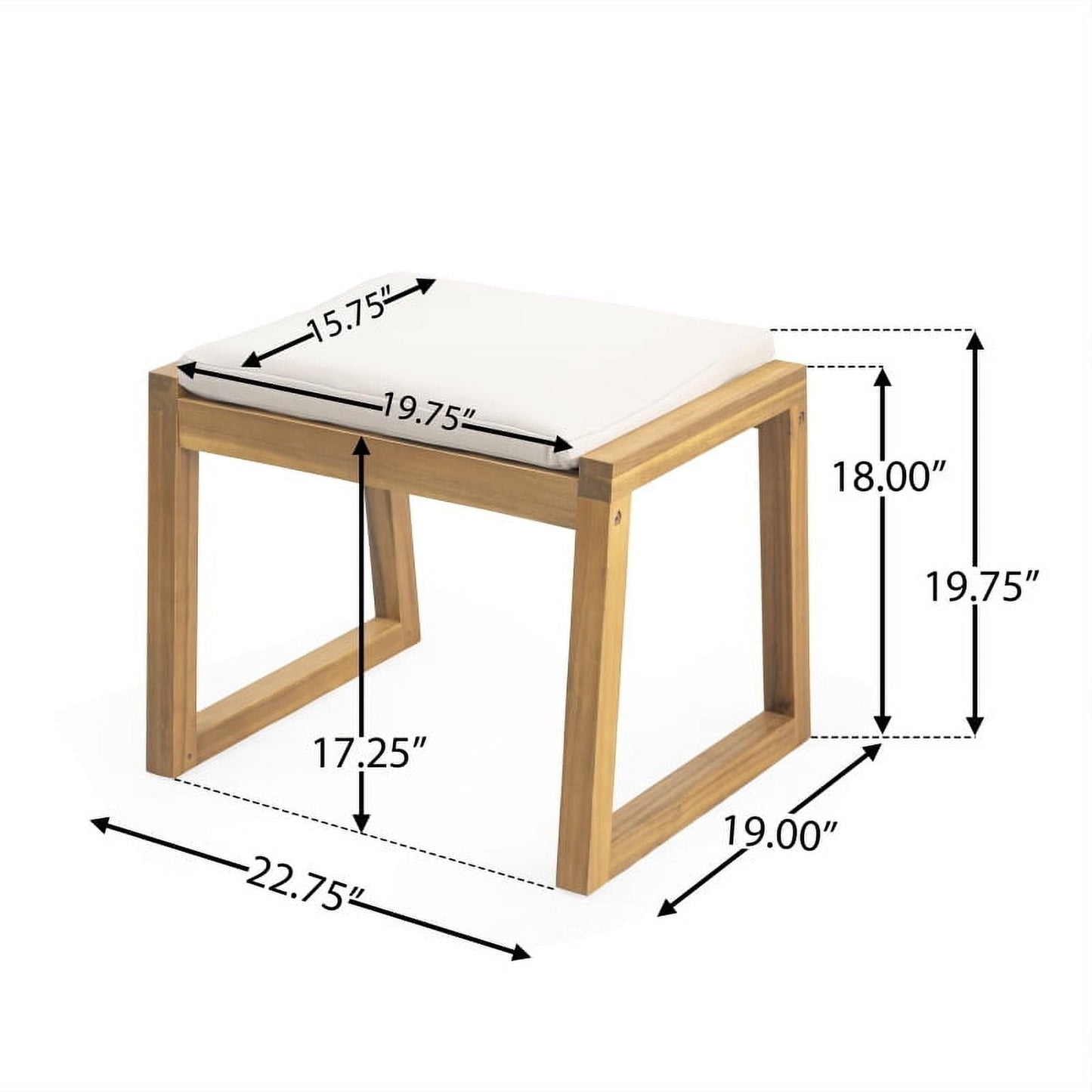 Acacia Wood Outdoor Ottoman Bench Set of 2, Waterproof Teak Finish Patio Footrest Stools with Beige Cushions, Modern Minimalist Pool Deck Seating for Garden, Backyard, 19.75" Height