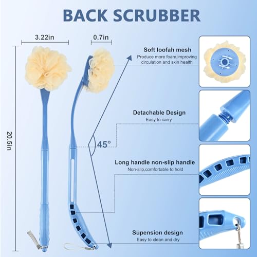 Loofah on a Stick, 20.5” Shower Sponge Loofah Back Scrubber, Exfoliation and Improved Skin Health, Back Loofah for Shower for Men Women