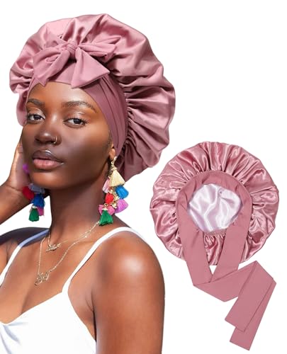 Extra Large Satin Bonnet for Sleeping Jumbo Silk Bonnet Double Layer Hair Bonnet for Women with Elastic Tie Band Sleep Bonnet Hair Wrap for Braids Curly Hair(Bean Paste + Pink)