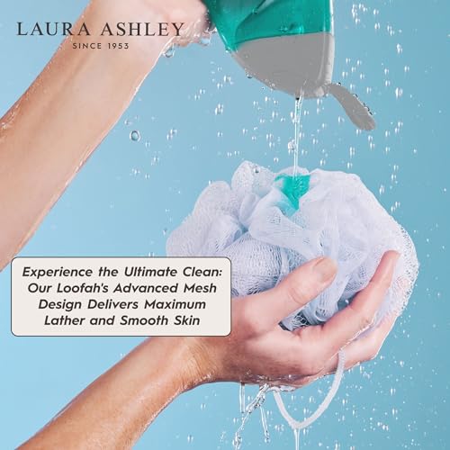 Laura Ashley 6 Pack Loofah Shower Poufs Exfoliating Cleansing Body Scrubbers for Shower in Washable Zip Up Bag
