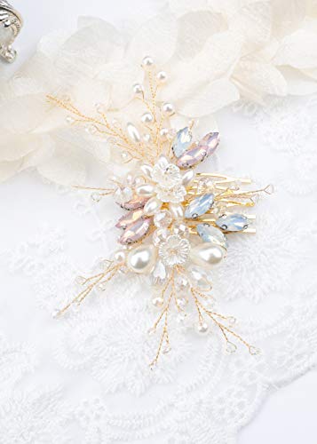 Kercisbeauty Wedding Bridal Bridesmaids Flower Girl Vintage Tiny Pearl Beads Purple and Blue Rhinestones White Flower Headband with Comb Bridal Hair Comb Headpiece Long Curly Bun Hair (Gold)
