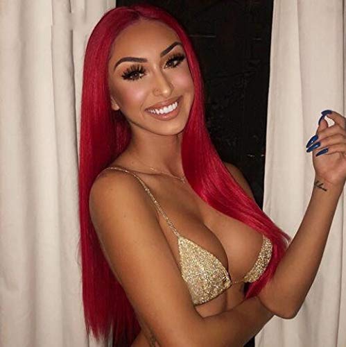 KRN Red Color Brazillian Virgin Human Hair Silky Straight 130% Density Lace Front Wigs Pre-Plucked Hairline Full Lace Wig with Baby Hair for Women (16 Inch, Lace Front Wig)