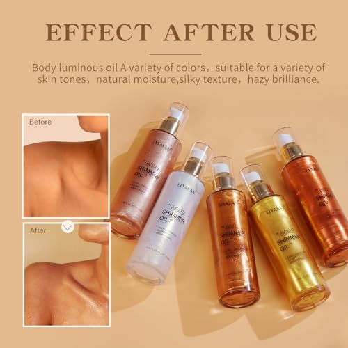 Liyalan Shimmer Body Oil Pearl White 5 Color Bronze Face Brighten Glow Highlighter Illuminator Body Makeup Shine Glitter Gold Liquid Taning (2.8 Fl Oz)
