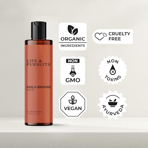 Life & Pursuits Amla Brahmi Oil for Hair and Scalp Nourishment - 3.4 Oz Natural Indian Ayurvedic Blend with Coconut, Castor, Sesame, Triphala, Gotukola for Healthy, Shiny Hair