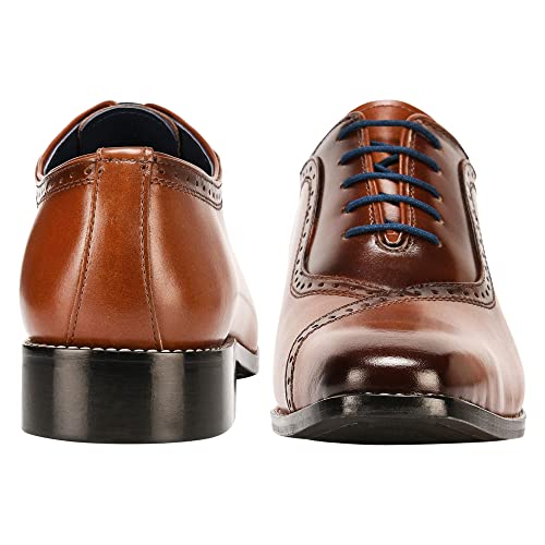 LIBERTYZENO Mens Lace Up Oxford Dress Shoes Stiched Welt Burnished Toe Tan Genuine Leather Shoes 9.5 US