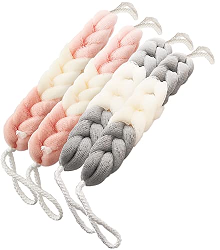 MURRI&MURRDI 4 Packs Long Loofah Back Scrubber for Shower,Body Bath Sponge Ball with Rope Handles,Stretch Exfoliating Mesh Sponge for Men and Women (2Grey+2Pink)