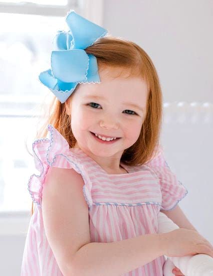 Wee Ones Girls' Classic Grosgrain Moonstitch Edge Hair Bow on a WeeStay Hair Clip, Medium, White with Light Pink