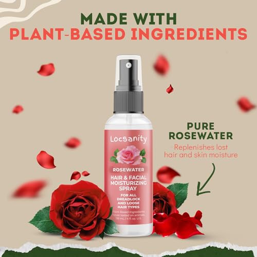 Locsanity Pure Rosewater Hair and Facial Spray – Trial Size Hydrating Face Mist to Soothe, Refresh, and Rejuvenate Skin, Reduce Oil and Buildup (4oz)