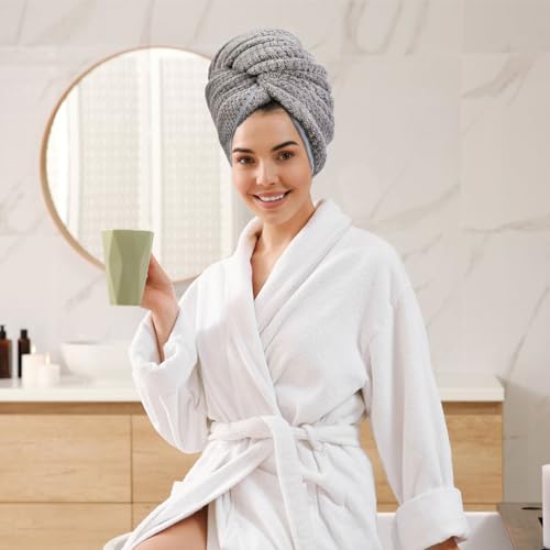 Kitzor Microfiber Hair Towel Wrap for Women - Ultra Soft and Absorbent Hair Towel with Elastic Band for Curly, Thick or Long Hair - Beige