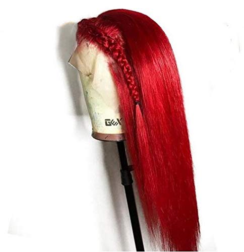 KRN Red Color Brazillian Virgin Human Hair Silky Straight 130% Density Lace Front Wigs Pre-Plucked Hairline Full Lace Wig with Baby Hair for Women (16 Inch, Lace Front Wig)