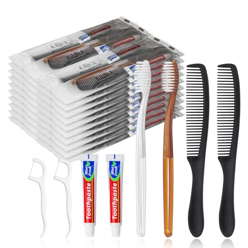 Gisdo 10pcs Disposable Toothbrushes with Toothpaste and Comb Floss Individually Wrapped,4-in-1 Bulk Toothbrush Kit with 2 Color Toothbrush,10 grams Toothpaste,7 inch Comb,Floss Pick for Homeless,Hotel