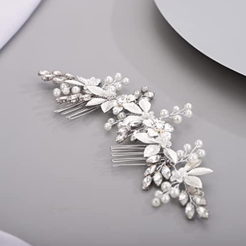 Chargances Bridal Flower Pearl Hair Comb Wedding Rose Gold Crystal Leaf Hair Side Vine Comb Fashion Flower Beaded Rhinestone Headpieces Wedding Prom Flower Girl Hair Accessories for Women and Girls