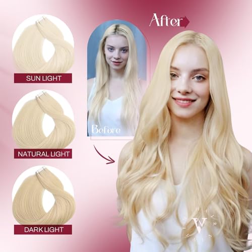 Vivien Tape in Hair Extensions Human Hair 22 Inch Blonde Human Hair Tape in Extensions Bleach Blonde #613 Tape in Hair Extensions Real Human Hair Double Sided Tape for Skin Weft 20pcs 50g
