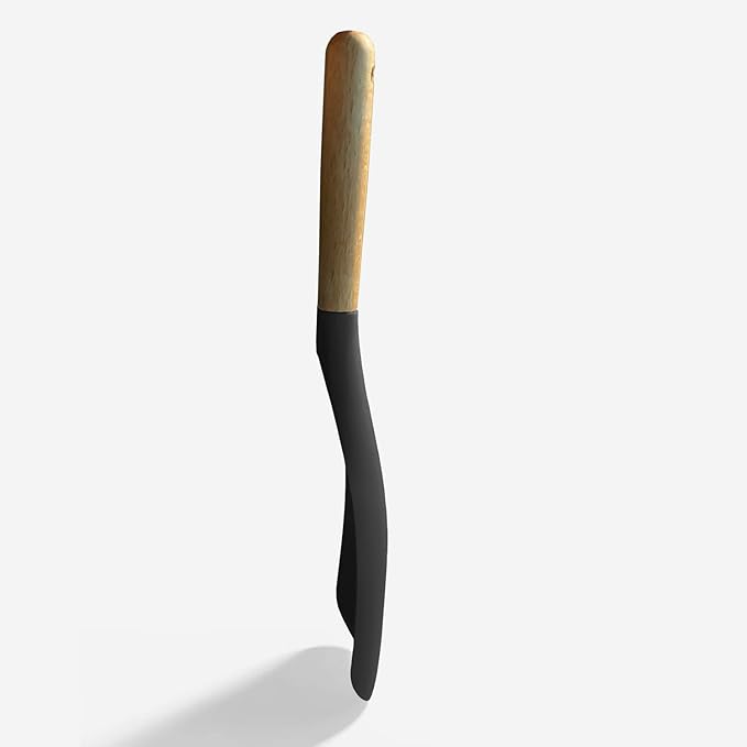 Cooking Spoon for Nonstick Cookingwares with Lengthed Wooden Handle, VOVOLY Silicone Spatula Spoon for Mixing, Scoop, and Scrape, Black, 13.4''