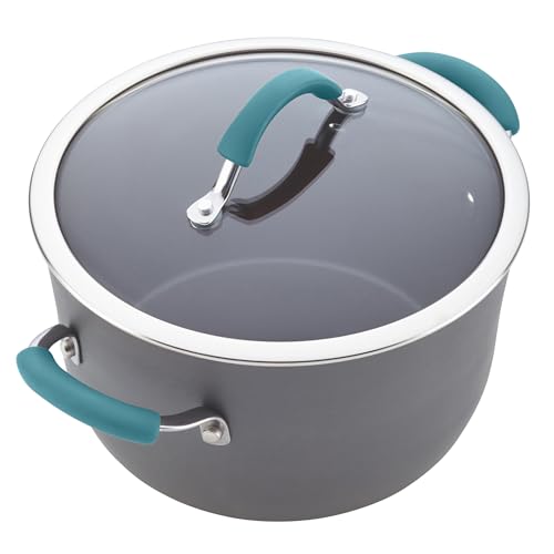 Rachael Ray Cucina Hard Anodized Nonstick Cookware Pots and Pans Set, 12 Piece, Gray with Blue Handles