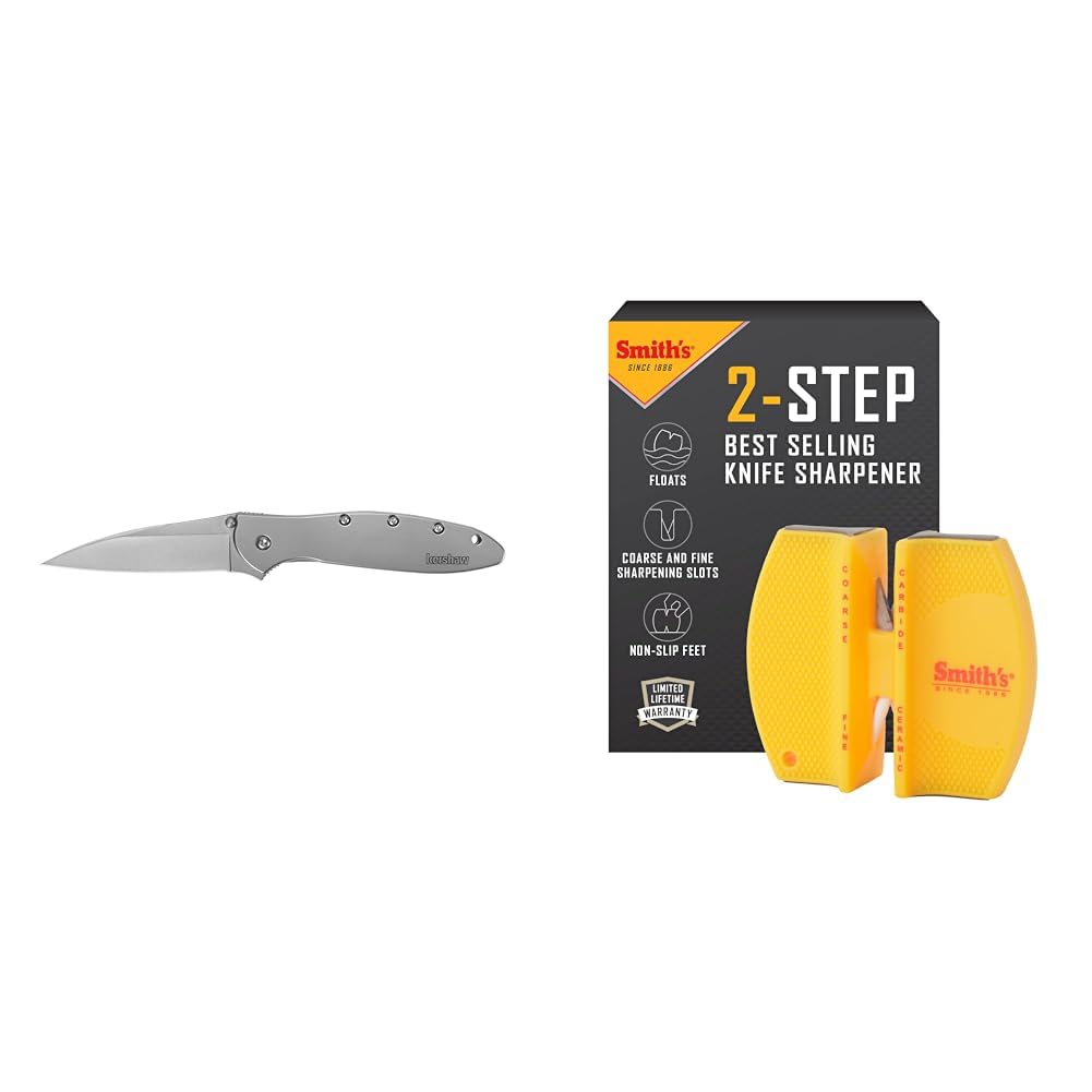Kershaw Leek Pocket Knife, 3" 14C28N Stainless Steel Drop Point Blade & Smith's CCKS 2-Step Knife Sharpener - Yellow - 2-Step Preset Coarse & Fine Slots