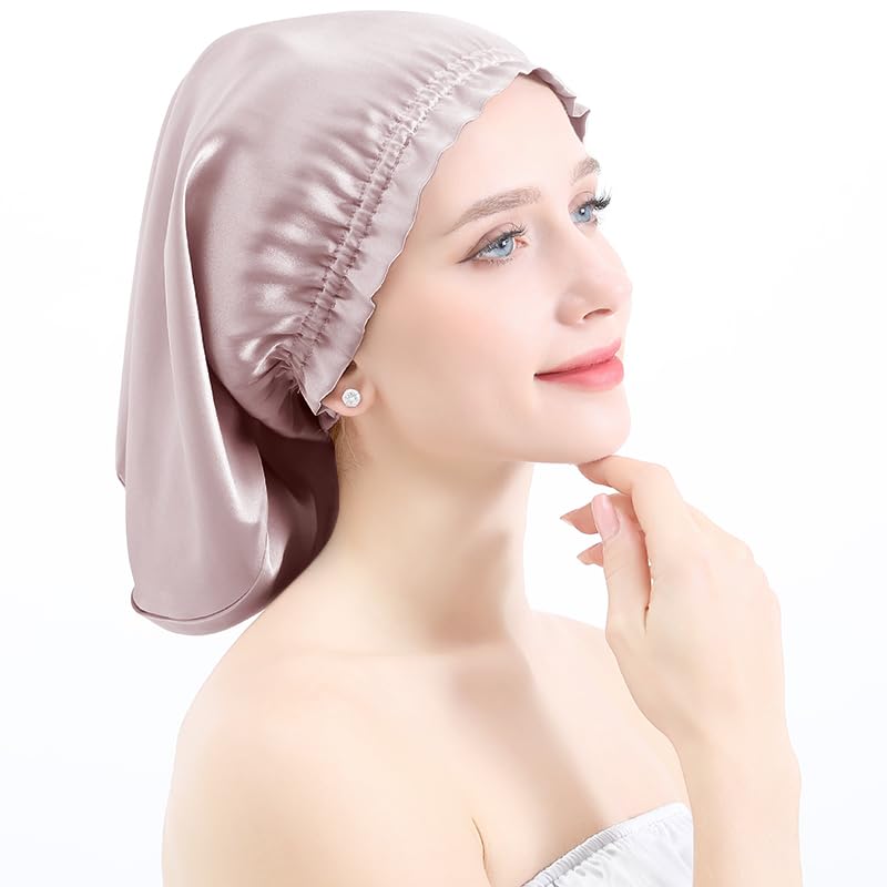 Kyumdle 100% Mulberry 19 Momme 6A Highest Grade Fibers Long Silk Sleep Cap for Women Hair Care,Natural Silk Night Bonnet with Elastic Stay On Head(Lotus)