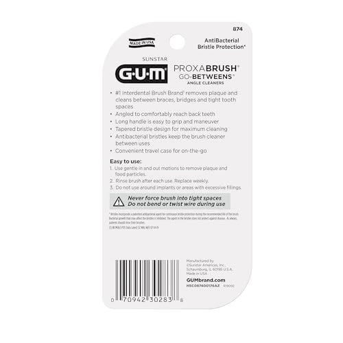GUM Proxabrush Go-Betweens - Angled- Interdental Brushes - Soft Bristled Dental Picks for Plaque Removal Health - Safe for Braces & Dental Devices, 4ct (4pk)