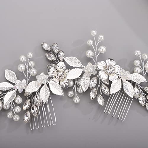 Chargances Bridal Flower Pearl Hair Comb Wedding Rose Gold Crystal Leaf Hair Side Vine Comb Fashion Flower Beaded Rhinestone Headpieces Wedding Prom Flower Girl Hair Accessories for Women and Girls