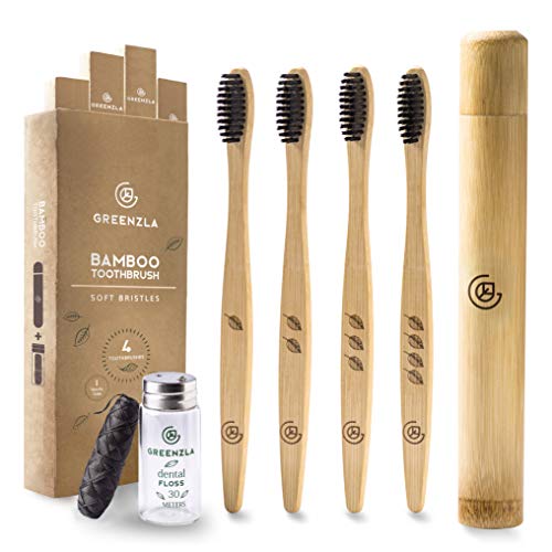 GREENZLA Organic Bamboo Toothbrushes, 4 Pack Sturdy BPA Free Soft Bristles Toothbrushes for Adults with Toothbrush Travel Case & Charcoal Dental Floss, Biodegradable & Compostable Wooden Toothbrushes