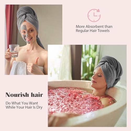 MABAO Microfiber Hair Towel Wrap for Women, Quick Dry Hair Turban Towel with Elastic Band, Microfiber Plopping Towel for Curly Hair, Long & Thick Hair 26.3" X 40" (Gray)