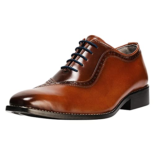 LIBERTYZENO Mens Lace Up Oxford Dress Shoes Stiched Welt Burnished Toe Tan Genuine Leather Shoes 9.5 US