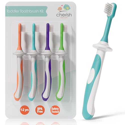 Cherish Baby Care Toddler Toothbrushes 1-2 Years (4-Pack) - BPA-Free & Safety-Tested Kids Toothbrush Kit, Designed by a Pediatric Dentist, Soft-Grip Toothbrush for Kids, My First Toothbrush Set