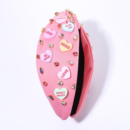 mokkia 2PCS Valentine's Day Headband for Women XOXO Love Massage Heart Headband Red Pink Rhinestone Crystal Knotted Headband Valentine's Day Hair Accessoroes Gifts (2PCS Valentine's Headband 1)