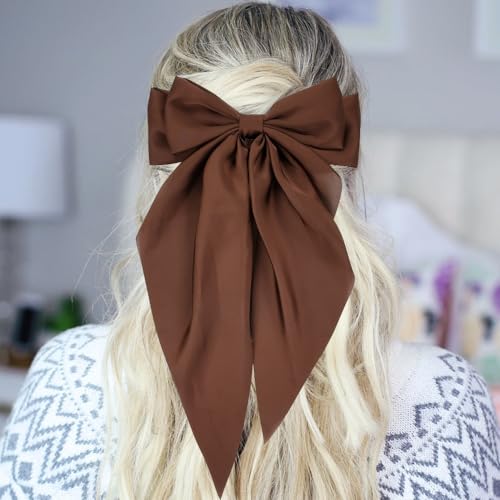 Cinaci 8 Pieces Silky Satin Big Hair Bows for Women Girls Teens, Fancy Long Tail Bow Hair Clips French Hair Barrettes Hair Accessories