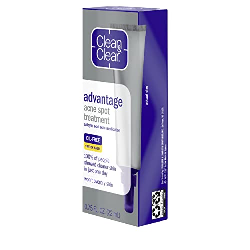 Clean & Clear Advantage Acne Spot Treatment Gel Cream, 2% Salicylic Acid Acne Medication, Witch Hazel, Oil-Free Gel Pimple Cream for Adults & Teens, Salicylic Acid, 3 x.75 Fl. Oz