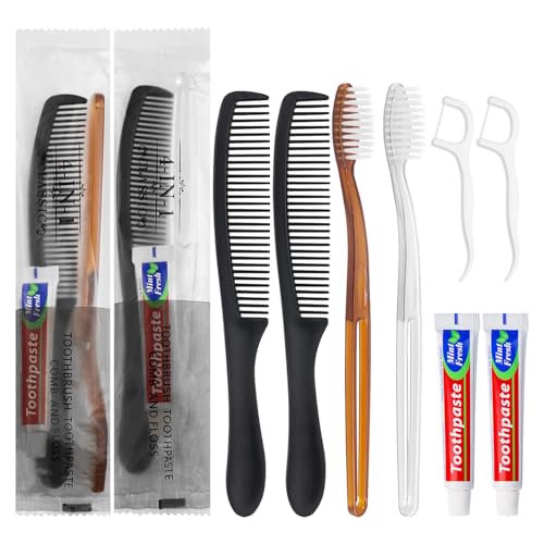 Gisdo 10pcs Disposable Toothbrushes with Toothpaste and Comb Floss Individually Wrapped,4-in-1 Bulk Toothbrush Kit with 2 Color Toothbrush,10 grams Toothpaste,7 inch Comb,Floss Pick for Homeless,Hotel