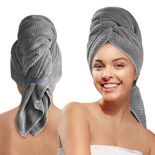 MABAO Microfiber Hair Towel Wrap for Women, Quick Dry Hair Turban Towel with Elastic Band, Microfiber Plopping Towel for Curly Hair, Long & Thick Hair 26.3" X 40" (Gray)