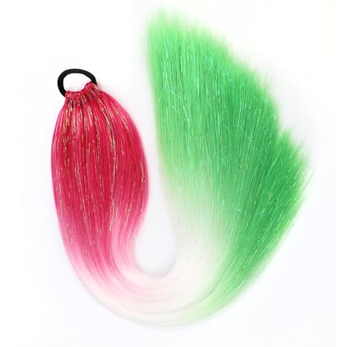 Colored Hair Extensions for Kids, 26 inch Ponytail Extension With Hair Tie, Ombre Braid Ponytail with Tinsel for Braids Rainbow Festival Party Rave Crazy Hair Day(26"Red/White/Green#3-1)