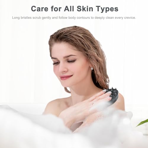 FREATECH 2-in-1 Silicone Body Scrubber - Bath Shower Body Brush and Shampoo Brush Scalp Massager Exfoliator, Deep Cleanse Skin & Hair, Lathers well, Easy to Clean and Long-lasting, Black
